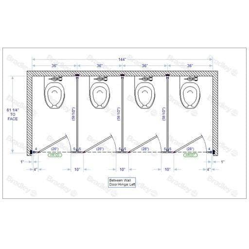 Bradley BW43660 Toilet Partition, 4 Between Wall Compartments, 144" W x 61-1/4" D, Metal - TotalRestroom.com