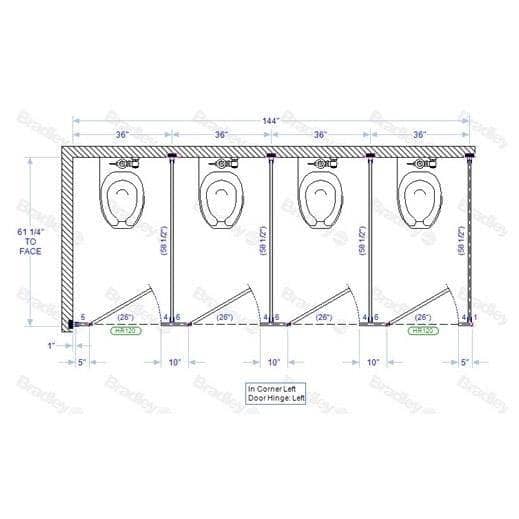 Bradley IC43660 Toilet Partition, 4 In Corner Compartments, 144" W x 61-1/4"D, Metal - TotalRestroom.com