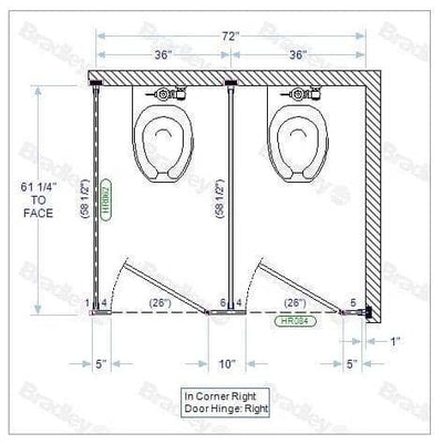 Bradley IC23660 Toilet Partition, 2 In Corner Compartments, 72