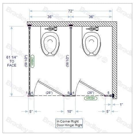 Bradley IC23660 Toilet Partition, 2 In Corner Compartments, 72"W x 61-1/4"D, Stainless Steel - TotalRestroom.com