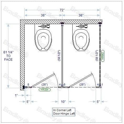 Bradley IC23660 Toilet Partition, 2 In Corner Compartments, 72"W x 61-1/4"D, Stainless Steel - TotalRestroom.com