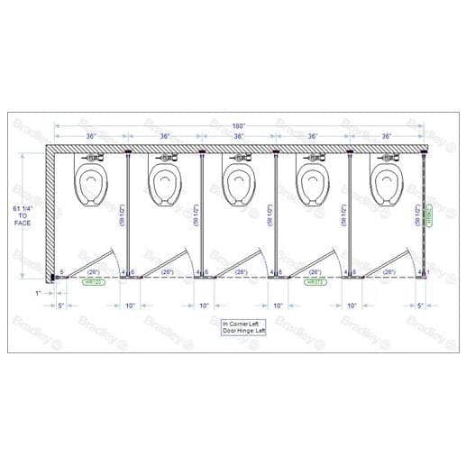 Bradley IC53660 Toilet Partition, 5 In Corner Compartments, 180" W x 61-1/4"D, Metal - TotalRestroom.com