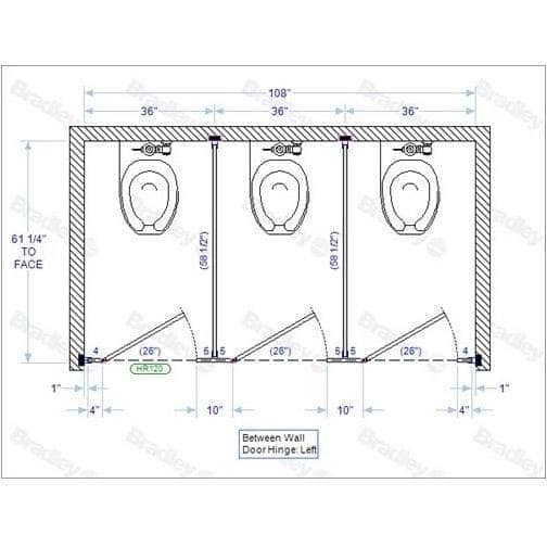 Bradley BW33660 Commercial 3 Between Wall Compartments, 108"W x 61-1/4"D, Stainless Steel - TotalRestroom.com