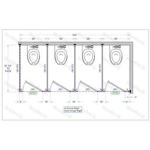 Bradley IC43660 Toilet Partition, 4 In Corner Compartments, 144"W x 61-1/4"D, Stainless Steel - TotalRestroom.com