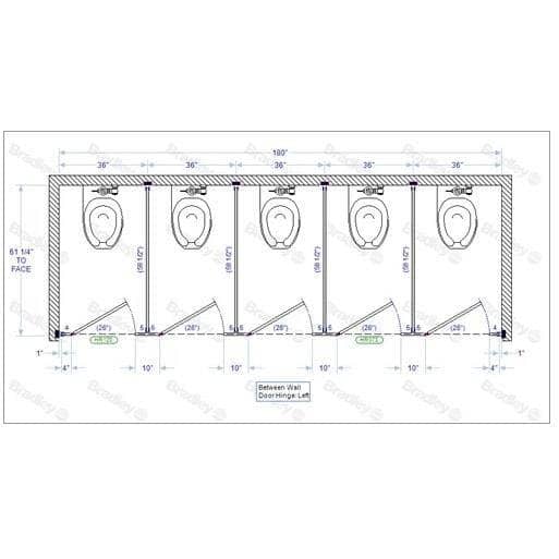 Bradley BW53660 Toilet Partition, 5 Between Wall Compartments, 180"W x 61-1/4"D, Stainless Steel - TotalRestroom.com