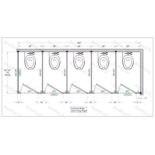 Bradley IC53660 Toilet Partition, 5 In Corner Compartments, 180"W x 61-1/4"D, Stainless Steel - TotalRestroom.com