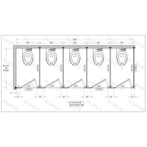 Bradley IC53660 Toilet Partition, 5 In Corner Compartments, 180"W x 61-1/4"D, Stainless Steel - TotalRestroom.com