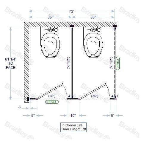 Bradley IC23660 Toilet Partition, 2 In Corner Compartments, 72" W x 61-1/4"D, Metal - TotalRestroom.com