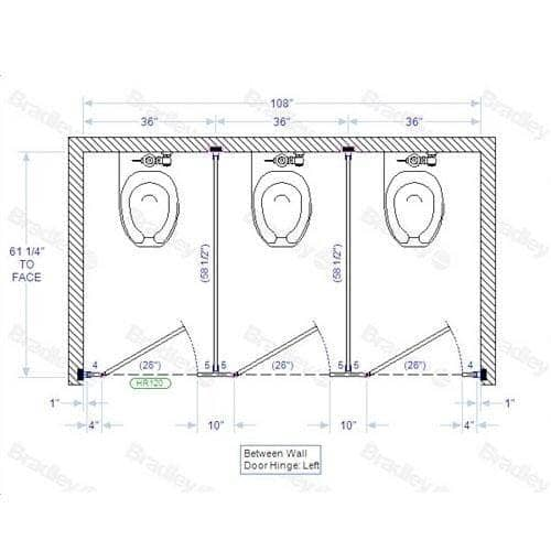 Bradley Toilet Partition (Metal) 3 Between Wall (108" W x 61-1/4" D) - BW33660
