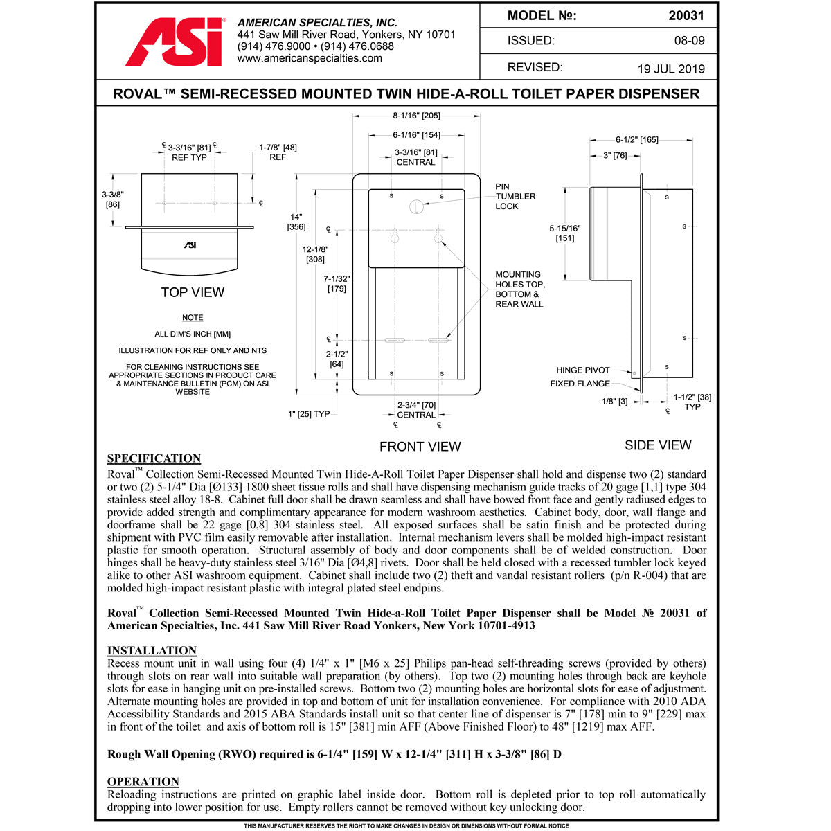 ASI 20031 Commercial Toilet Paper Dispenser, Semi-Recessed, Stainless Steel w/ Satin Finish
