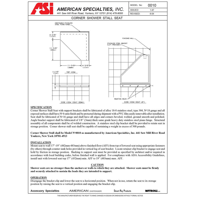 ASI 0010 Corner Restroom Shower Seat, Surface-Mounted, Stainless Steel