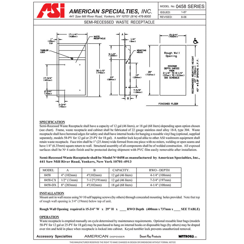 ASI 0458 Commercial Restroom Waste Receptacle, 12 Gallon, Semi-Recessed-Mounted, 4" W x 4" H x 4-1/4" D, Stainless Steel