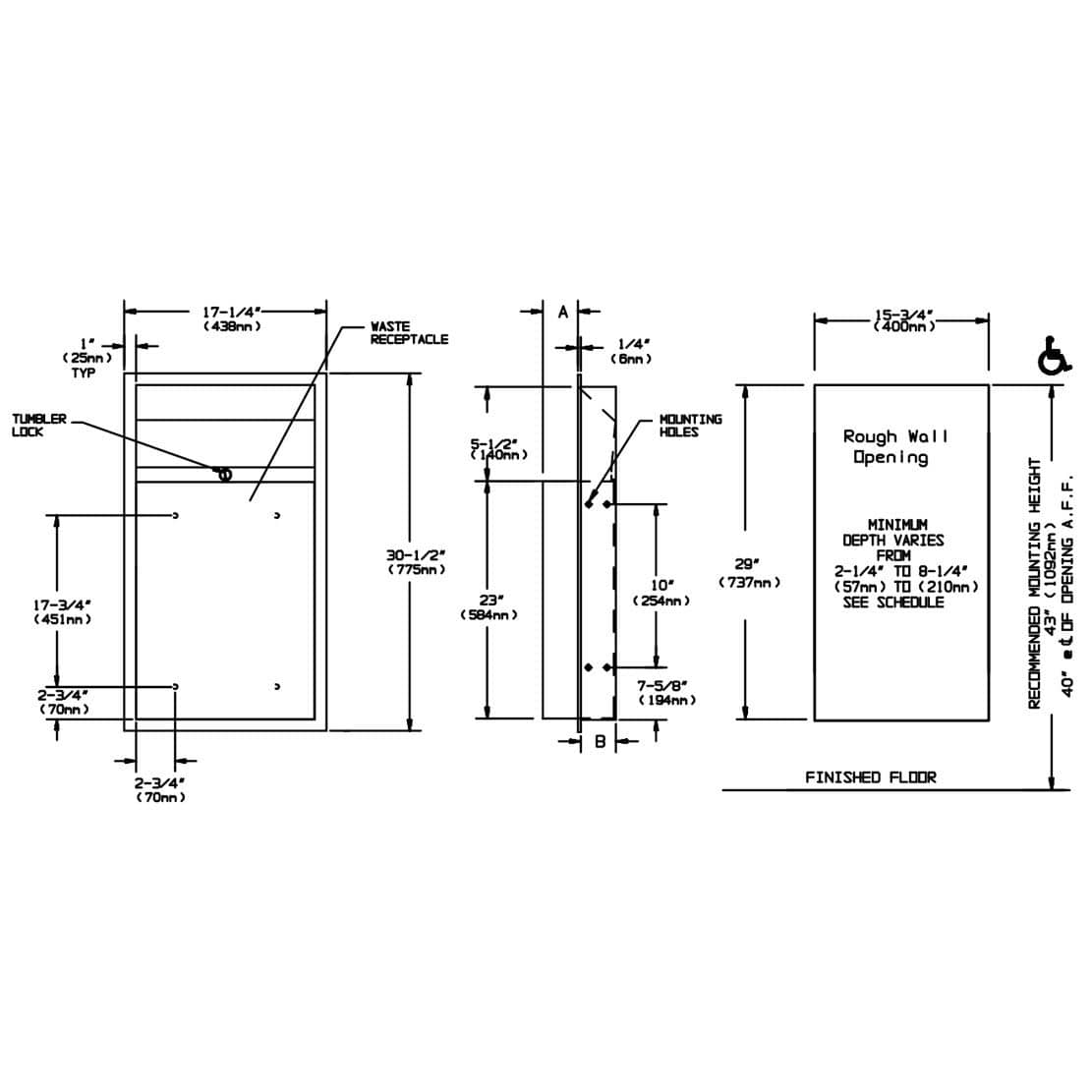 ASI 0458 Commercial Restroom Waste Receptacle, 12 Gallon, Semi-Recessed-Mounted, 4