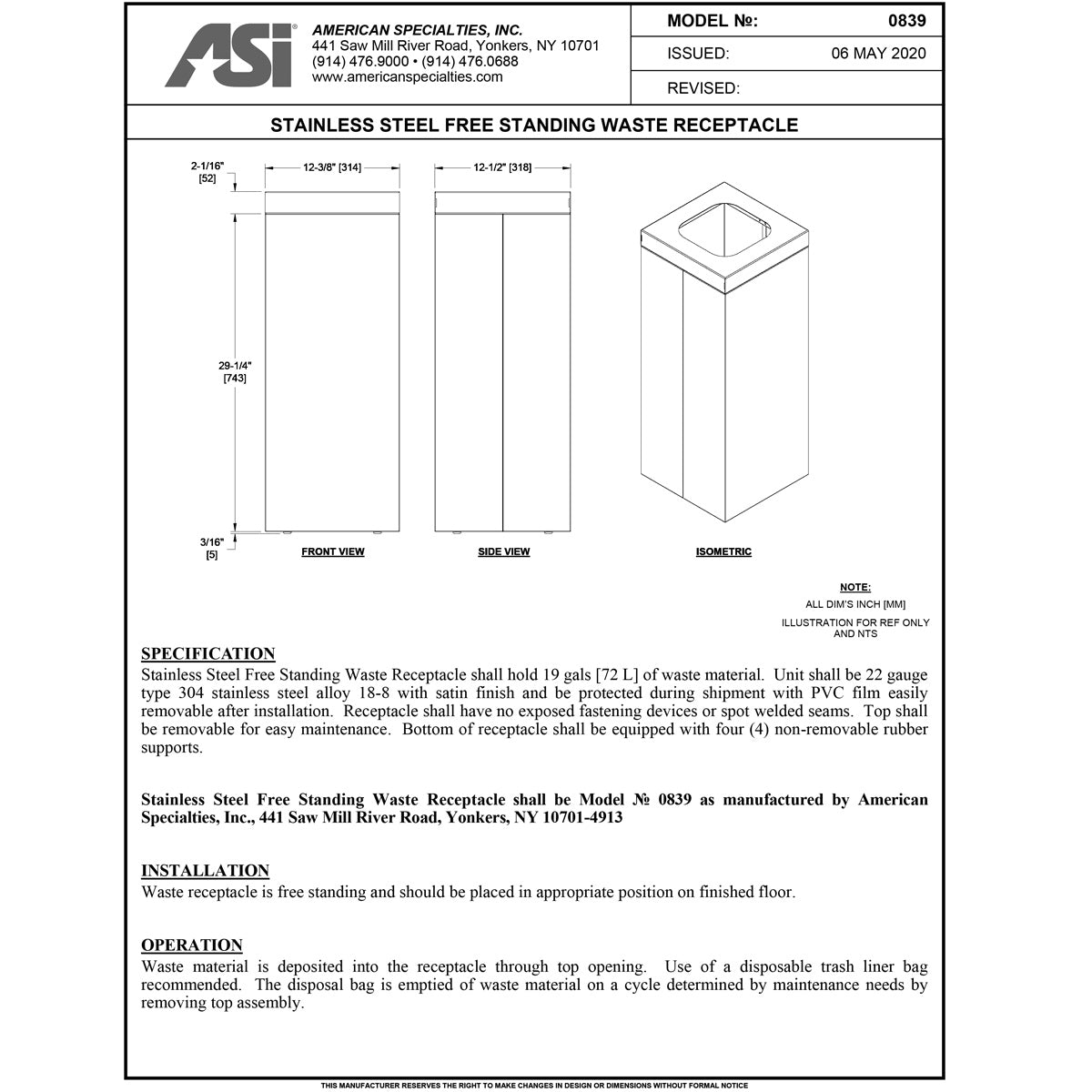 ASI 0813, Waste Receptacle (19 gal.), Free Standing, 30