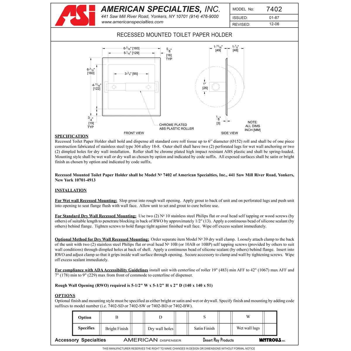 ASI 7402-SD Commercial Toilet Paper Dispenser, Recessed-Mounted, Stainless Steel w/ Satin Finish