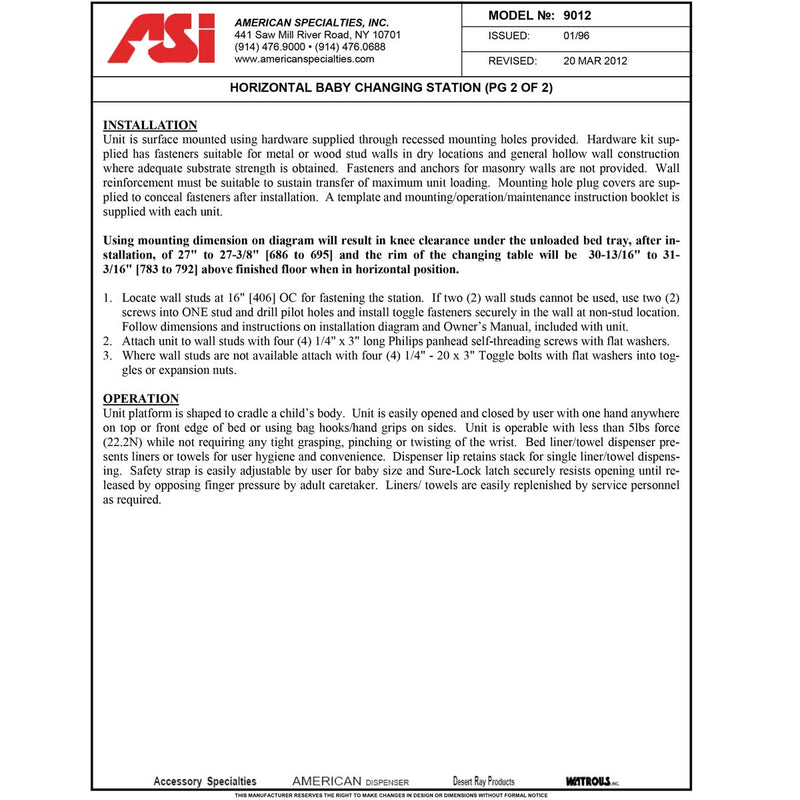 ASI 9012 Baby Changing Station, Surface-Mounted, Plastic