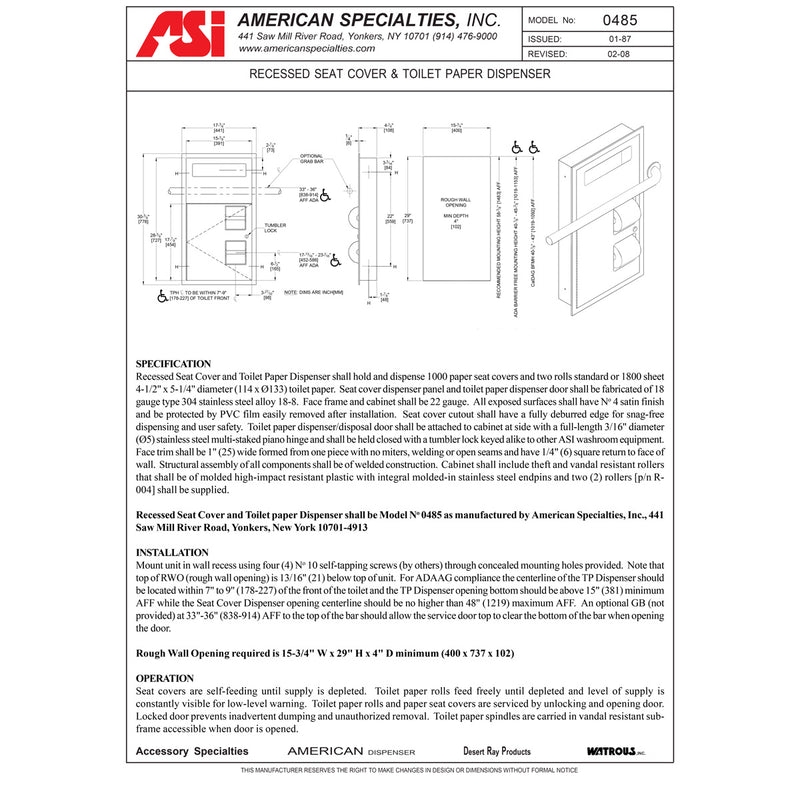 ASI 0485 Commercial Seat-Cover Dispenser/Toilet Paper Dispenser, Recessed-Mounted, Stainless Steel