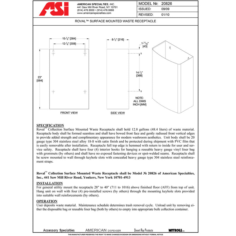 ASI 20826 Commercial Restroom Waste Receptacle, 12 Gallon, Roval-Surface-Mounted, 15-1/8" W x 23" H, 8-1/2" D, Stainless Steel