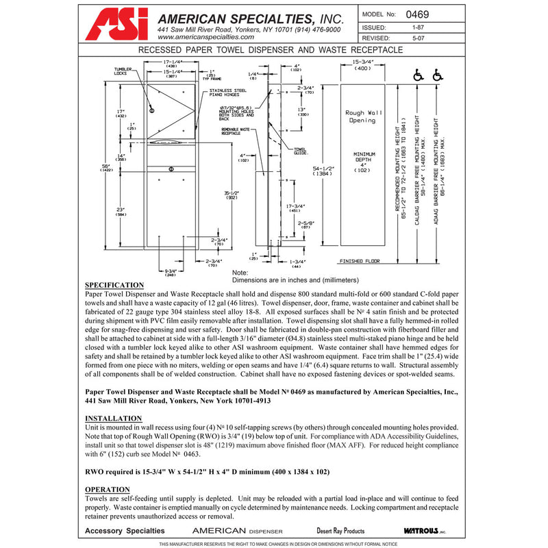 ASI 0469 Combination Commercial Paper Towel Dispenser/Waste Receptacle, Recessed-Mounted, Stainless Steel