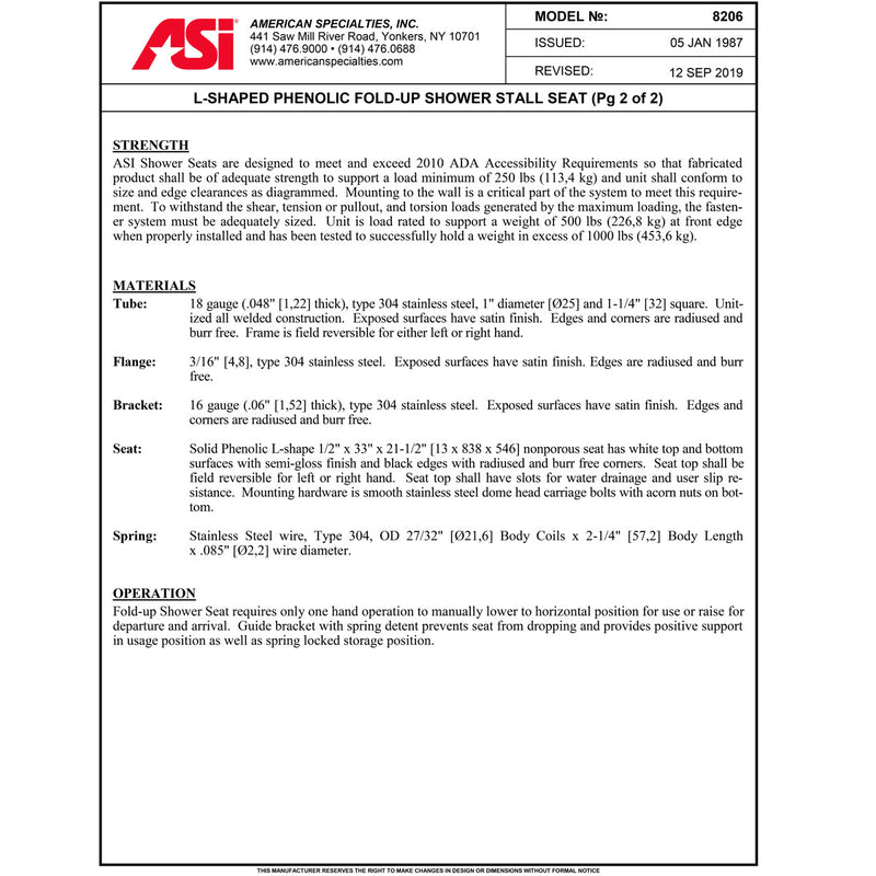 ASI 8206-R Right Hand Folding Commercial Shower Seat, 33" W x 22-7/8" D, Phenolic