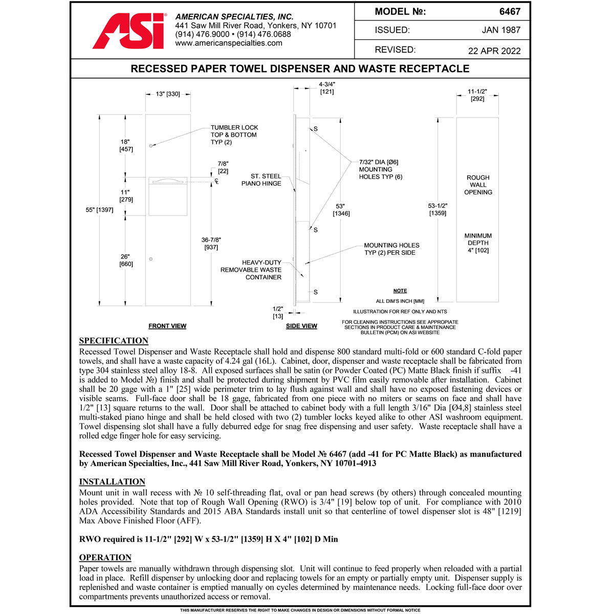 ASI 6467 Combination Commercial Paper Towel Dispenser/Waste Receptacle, Recessed-Mounted, Stainless Steel