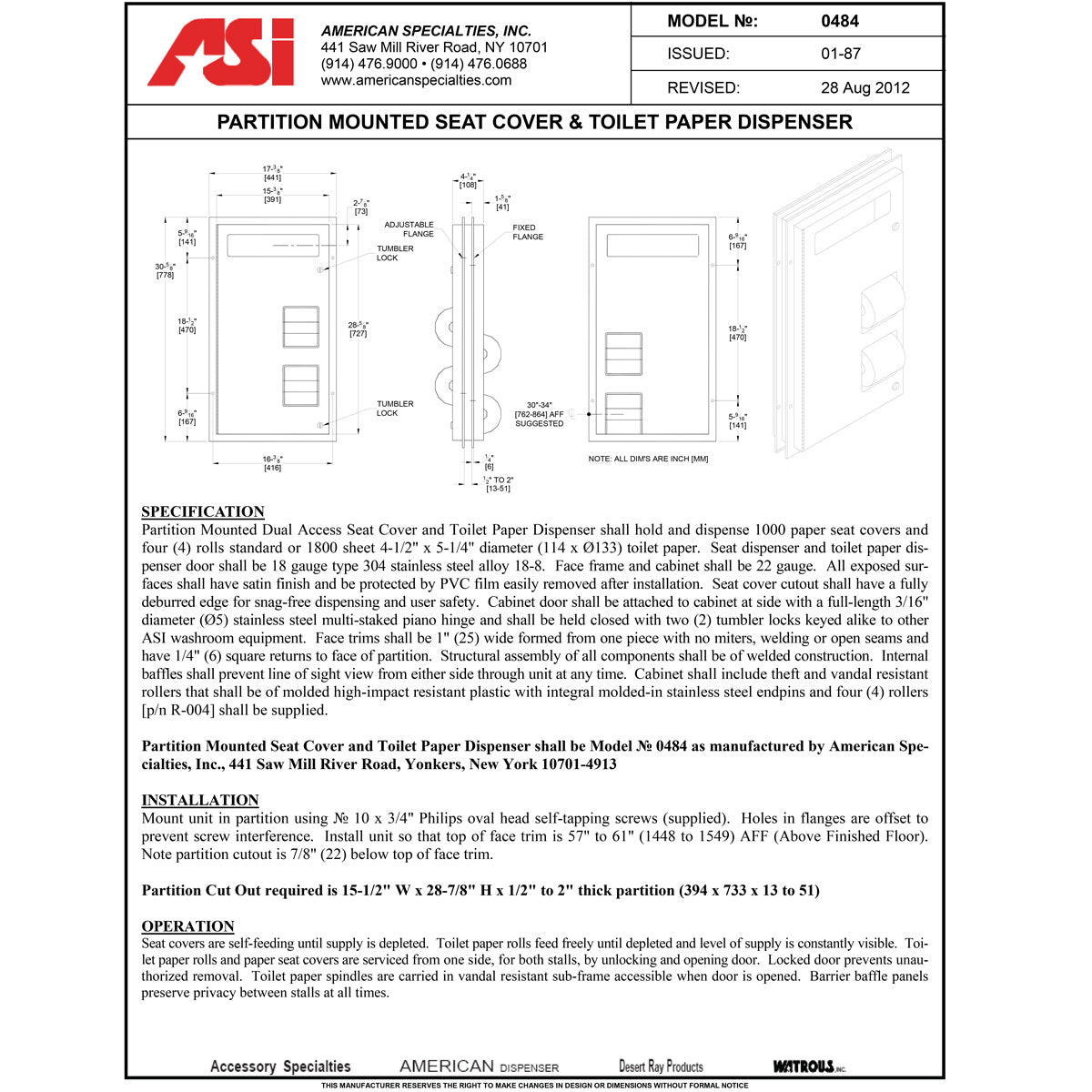 ASI 0484 Commercial Toilet Seat Cover & Paper Dispenser, 15-1/2