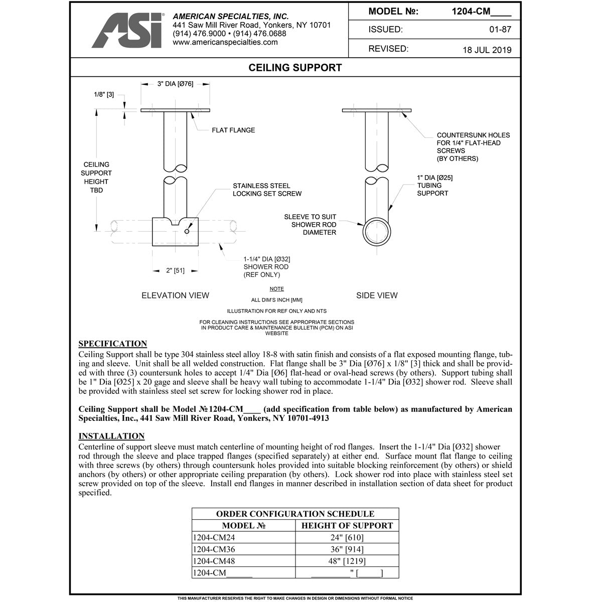 ASI 1204-C18, Ceiling Mounted, 1-1/4