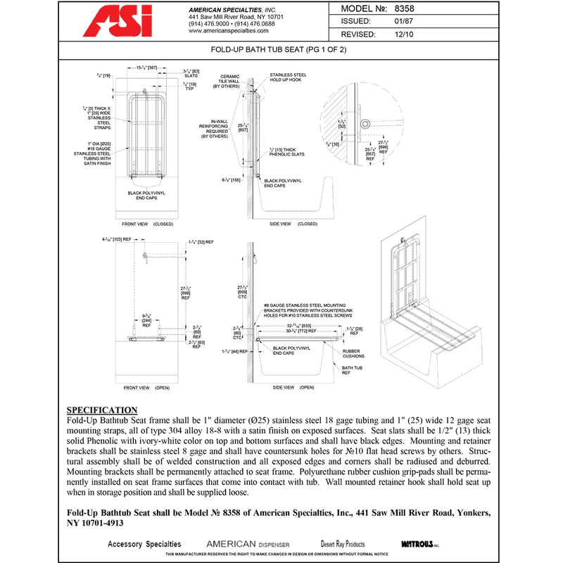 ASI 8358 Fold-up Bath Tub Seat, 1" Diameter x 33-3/4" D, Phenolic