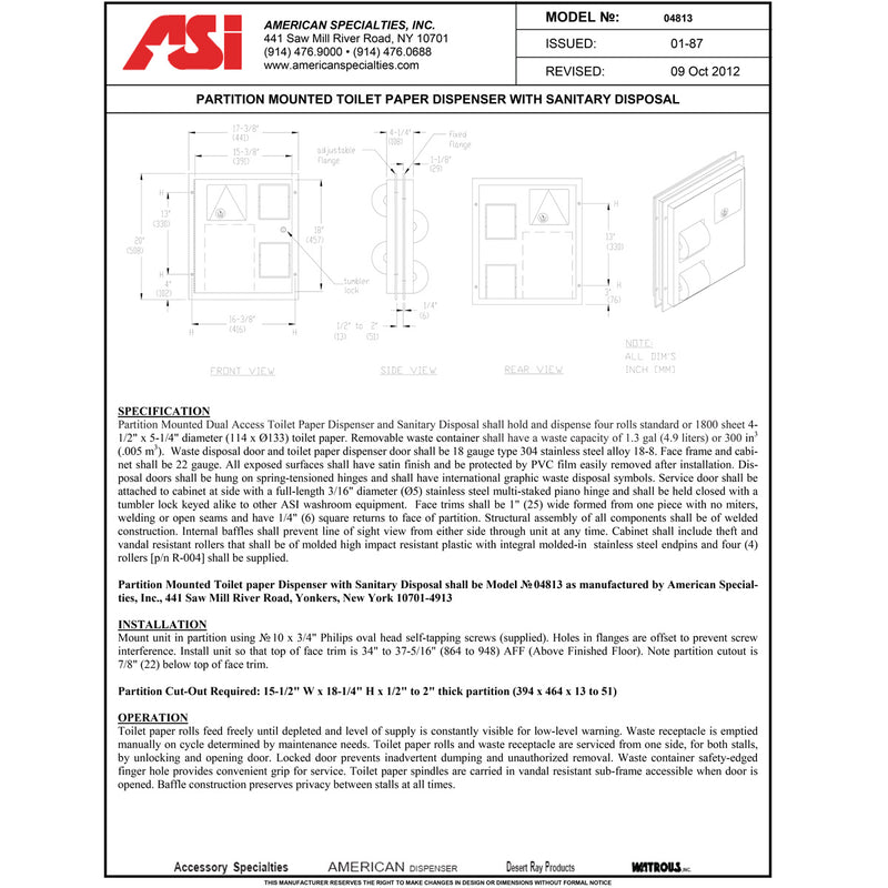 ASI 04813 Combination Commercial Toilet Paper Dispenser/Sanitary Napkin Disposal, Partition-Mounted, Stainless Steel