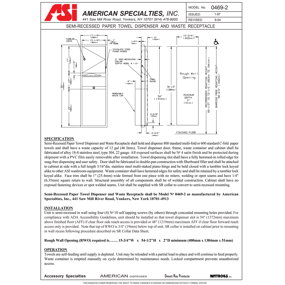 ASI 0469-2 Combination Commercial Paper Towel Dispenser/Waste Receptacle, Semi-Recessed-Mounted, Stainless Steel
