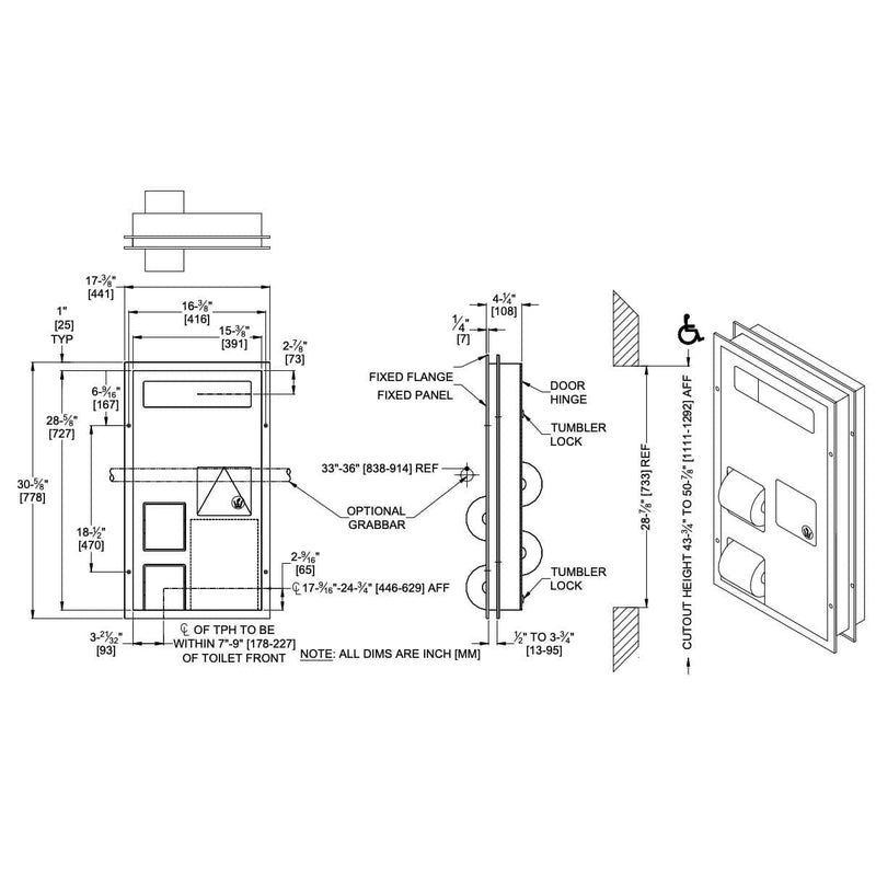 ASI 0481-HC Combination Commercial Seat Cover/Toilet Paper Dispensers/Sanitary Napkin Disposal, Partition-Mounted, Stainless Steel - TotalRestroom.com