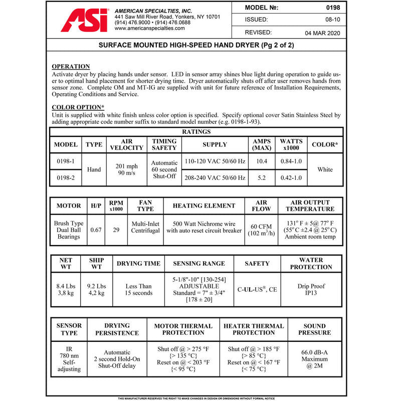 ASI 0198-1-93 Hand Dryer, 110-120 Volt, Surface-Mounted, Stainless Steel