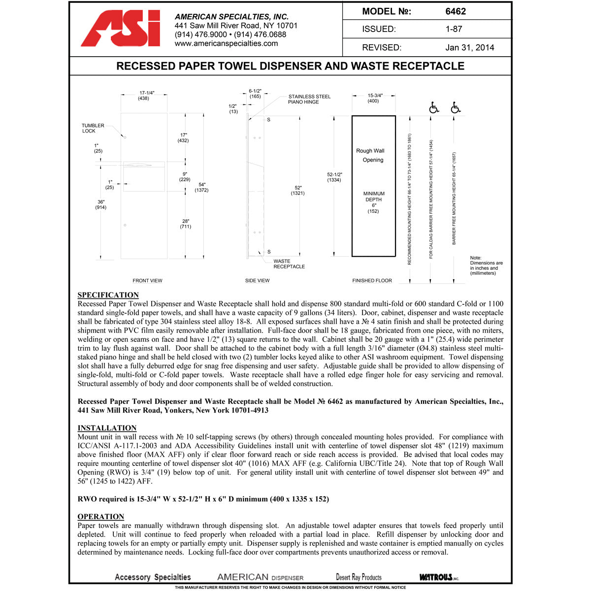 ASI 6462 Combination Commercial Paper Towel Dispenser/Waste Receptacle, Recessed-Mounted, Stainless Steel