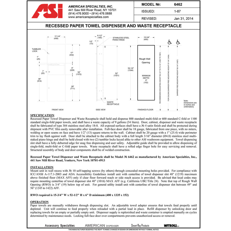 ASI 6462 Combination Commercial Paper Towel Dispenser/Waste Receptacle, Recessed-Mounted, Stainless Steel