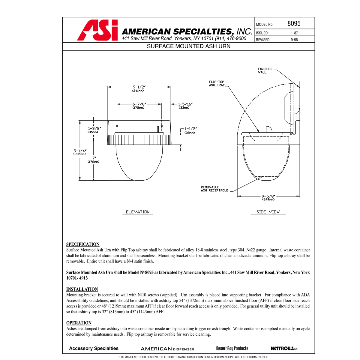 ASI 8095, Ash Urn,  Smoking Receptacle, Surface Mounted