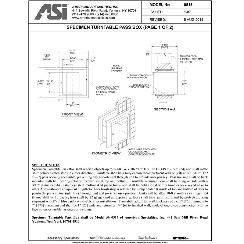 ASI 0515 Commercial Turntable Specimen Pass Box, 5-7/8" W x 10-7/16" H x 10" D, Recessed-Mounted, Stainless Steel w/ Satin Finish