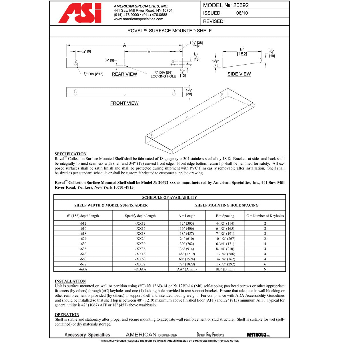ASI 20692-612 Roval - Shelf - Stainless Steel - 6"D X 12"L - Surface Mounted