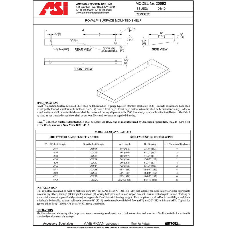 ASI 20692-612 Roval - Shelf - Stainless Steel - 6"D X 12"L - Surface Mounted