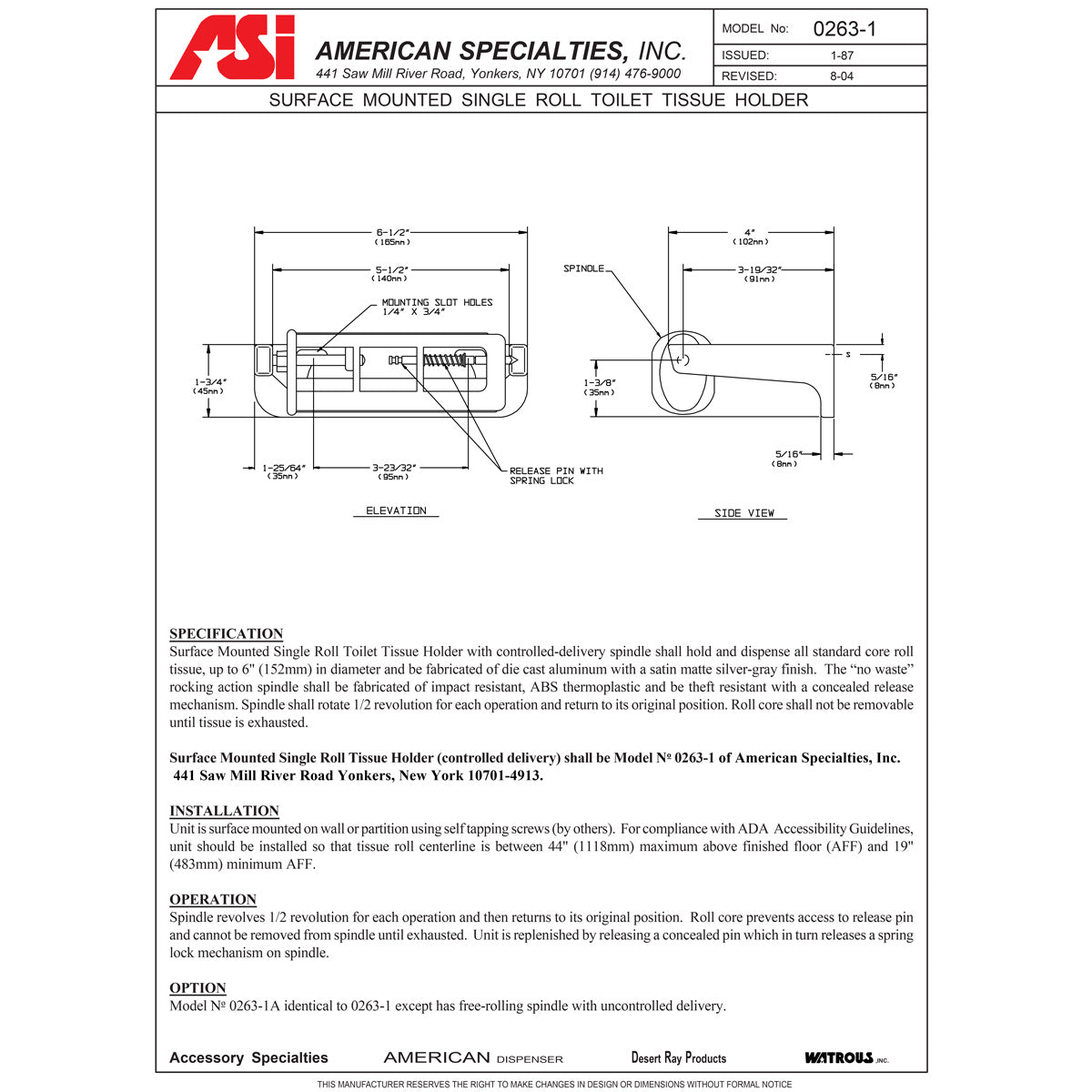 ASI 0263-1 Commercial Toilet Paper Dispenser, Surface-Mounted, Zinc w/ Satin Finish