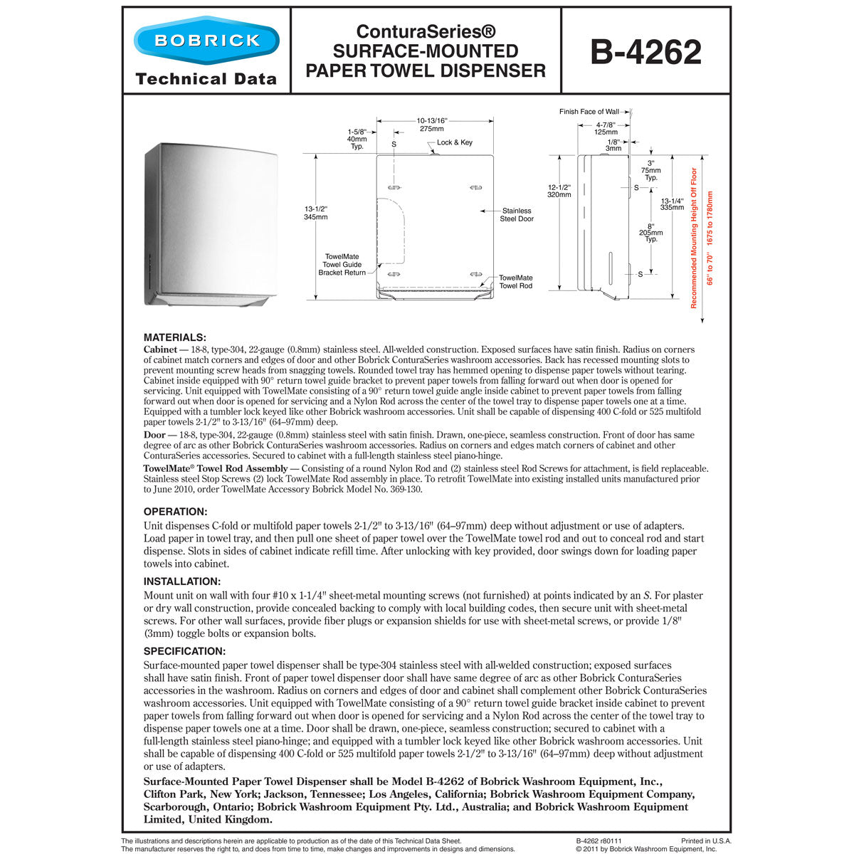 Bobrick B-4262 Commercial Paper Towel Dispenser, Surface-Mounted, Stainless Steel