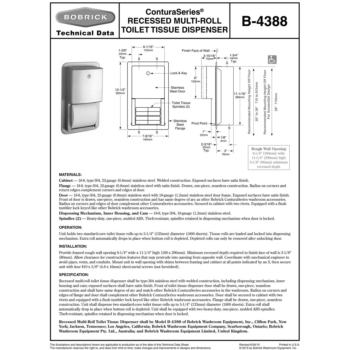 Bobrick B-4388 Commercial Toilet Paper Dispenser, Recessed-Mounted, Stainless Steel w/ Satin Finish
