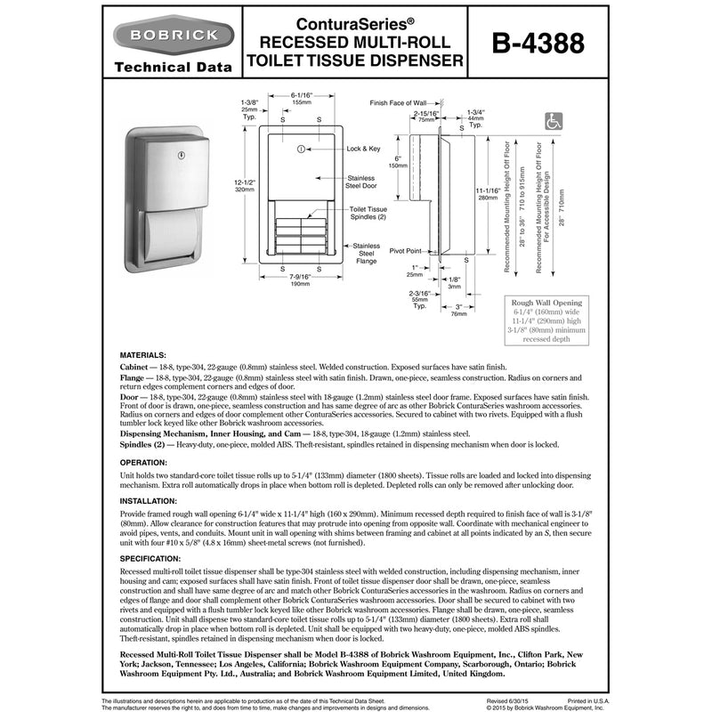 Bobrick B-4388 Commercial Toilet Paper Dispenser, Recessed-Mounted, Stainless Steel w/ Satin Finish