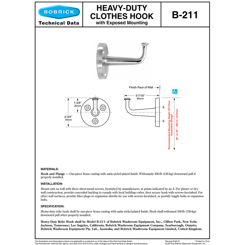 Bobrick B-211 Heavy-Duty Restroom Clothes Hook, Bronze w/ Satin Finish