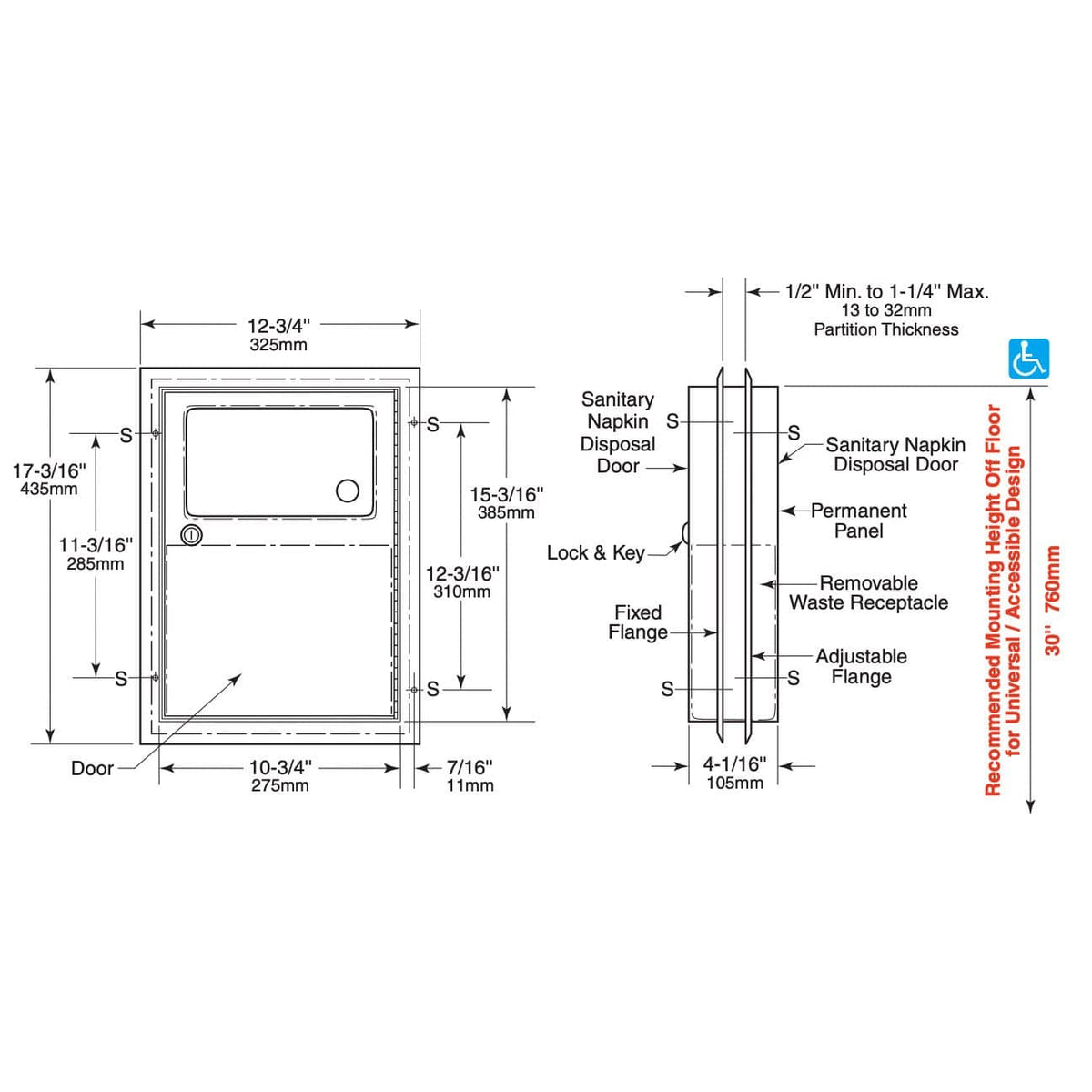 Bobrick B-354 Commercial Restroom Sanitary Napkin Disposal, Partition-Mounted, Stainless Steel - TotalRestroom.com