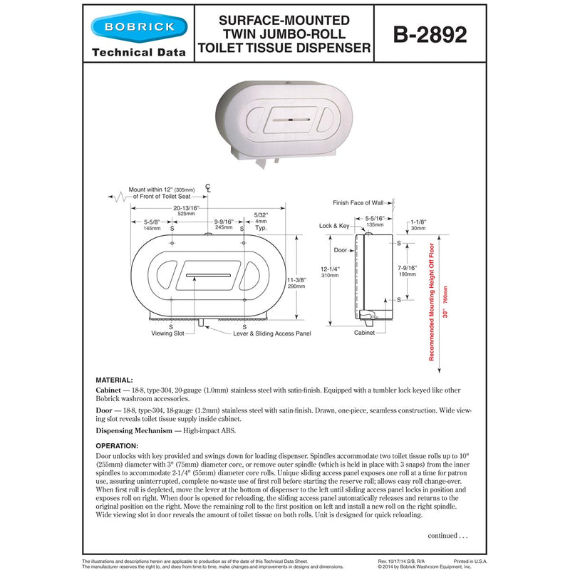 Bobrick B-2892 Commercial Toilet Paper Dispenser, Surface-Mounted, Stainless Steel w/ Satin Finish