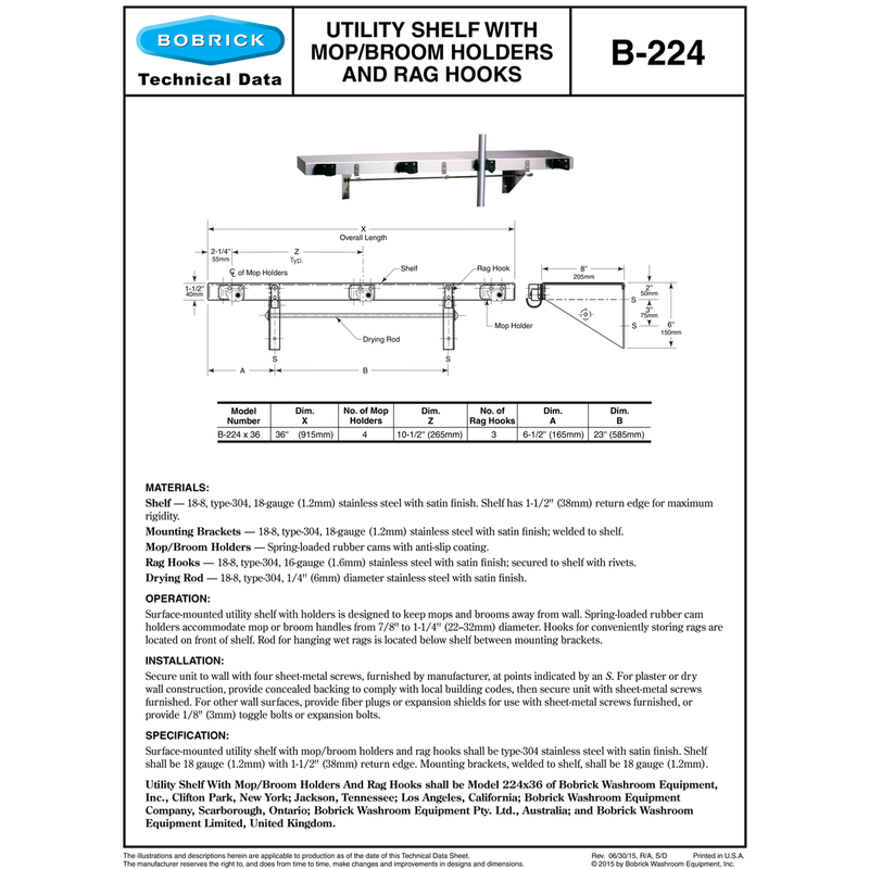 Bobrick B-224x36 Commercial Shelf w/ Mop/Broom Holders and Rag Hooks, 8" W x 36" L, Stainless Steel