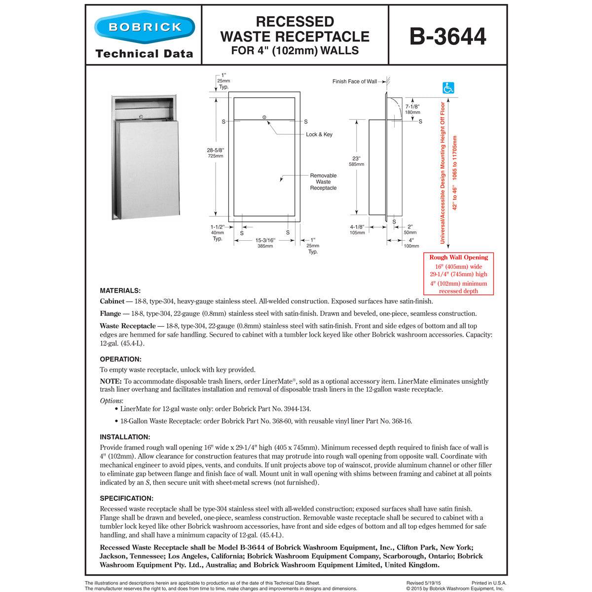 Bobrick B-3644 Commercial Restroom Sanitary Waste Bin, 12 Gallon, Recessed-Mounted, Stainless Steel