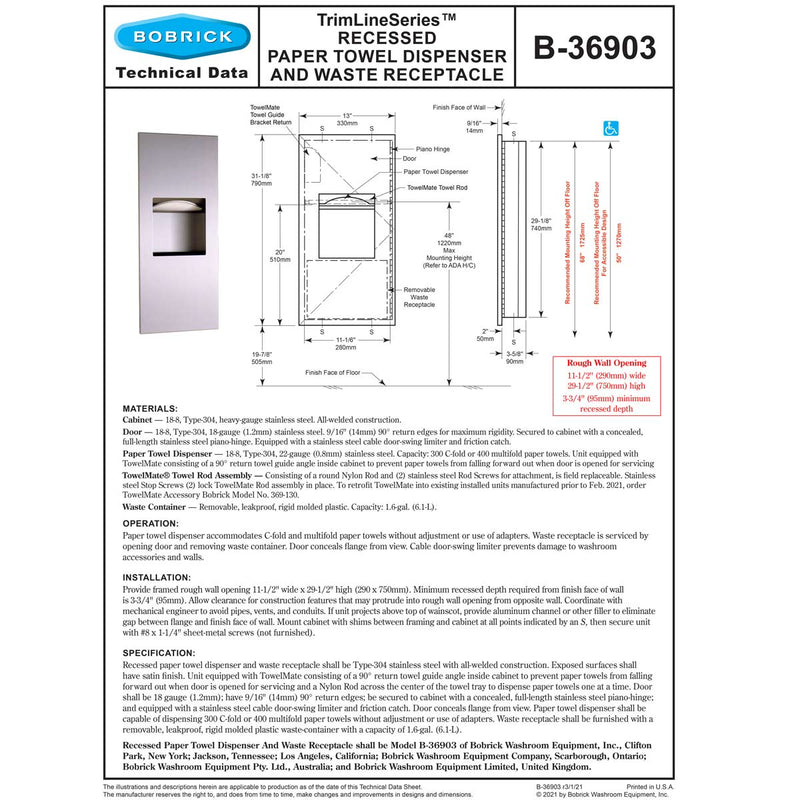 Bobrick B-36903 Combination Commercial Paper Towel Dispenser/Waste Receptacle, Recessed-Mounted, Stainless Steel