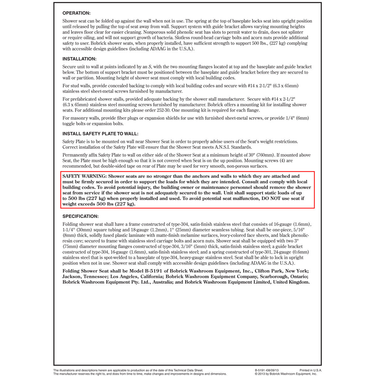 Bobrick B5191 Barrier Free Commercial Shower Seat, 500 lb Load