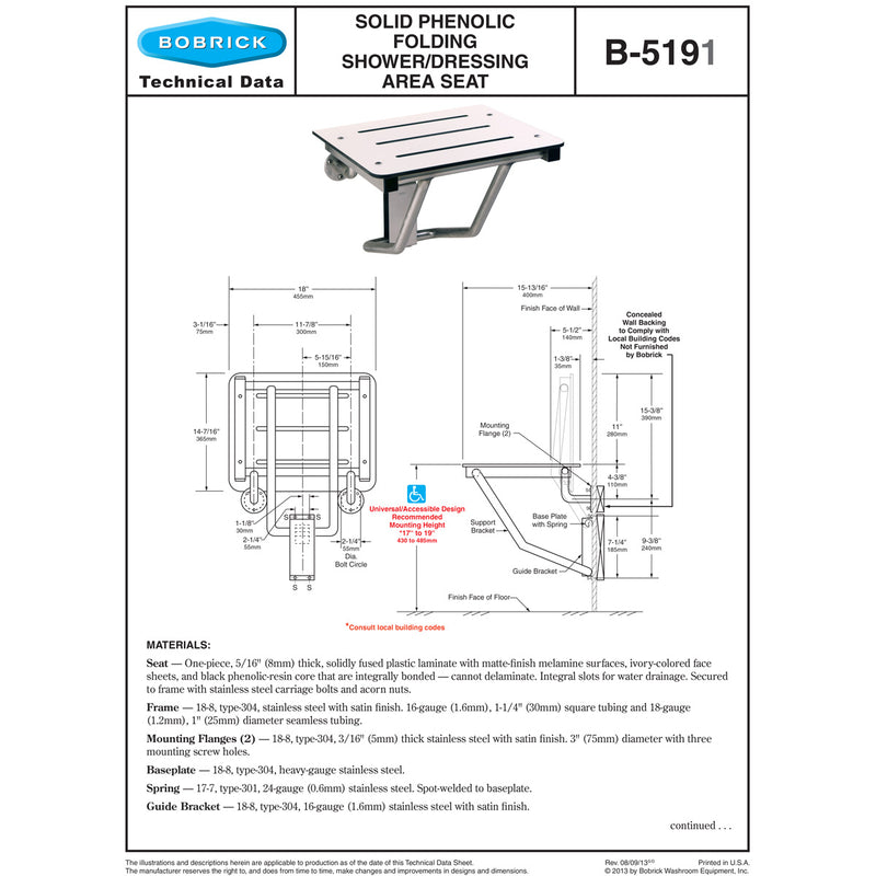 Bobrick B-5191 Barrier Free Commercial Shower Seat, 500 lb Load Capacity, Phenolic